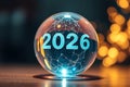 Crystal ball shows future year 2026 with digital network Royalty Free Stock Photo