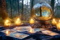 A crystal ball sits on a table with candles and tarot cards Royalty Free Stock Photo