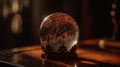 a crystal ball sitting on top of a wooden table next to a keychain and a clock on a wooden table with lights in the background