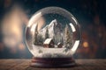 Crystal ball, snow globe with snowy mountain, hut and Christmas trees inside, falling snow. Royalty Free Stock Photo