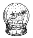 Crystal ball, snowball with Santa s sleigh, spruce inside, falling snow, holiday decoration, sketch vector illustration