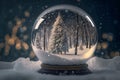 Crystal ball, snowball with snowy Christmas tree inside, falling snow. Generative AI Royalty Free Stock Photo