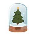 Crystal ball, snowball with snowy tree, spruce inside, falling snow. Vector image, holiday decorations in flat style, isolated on