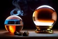 Crystal ball on table and smoke against dark background