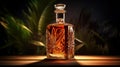 Crystal Bottle of amber color premium alcohol, on table flofal background. Ideal for mock-up of whisky, brandy, cognac