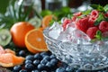 Crystal bowl filled with raspberries, mint, and ice, surrounded by fresh citrus, ideal for health and culinary use.