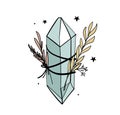 Crystal with branches and leaves, bohemian tattoo for witch, witchcraft concept, color boho illustration isolated on