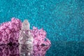 Crystal Buddha framed by lilac flowers on a blue bokeh background