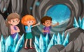 Crystal cave scene with explorer kids Royalty Free Stock Photo