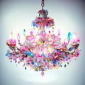 Crystal chandelier with pink and blue crystals on a white background AI Generated