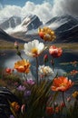 Crystal clear alpine lake with colorful flowers in focus and mountain peaks in background.