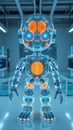 Crystal-Clear Android with Luminescent Neural Network and Glowing Golden Core in Minimalist Lab