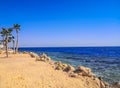 Crystal clear azure water with white beach and palms - paradise coastline coastline of Hurghada, Red Sea, Egypt Royalty Free Stock Photo
