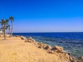 Crystal clear azure water with white beach and palms - paradise coastline coastline of Hurghada, Red Sea, Egypt Royalty Free Stock Photo