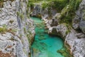 Crystal clear emerald water of Soca river in Slovenia