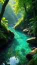 Crystal clear emerald water source in lush vegetation , jungle, river, rock Royalty Free Stock Photo
