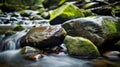 Crystal clear flowing mountain river stream, slippery moss covered rocks - generative AI Royalty Free Stock Photo