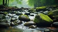 Crystal clear flowing mountain river stream, slippery moss covered rocks - generative AI Royalty Free Stock Photo