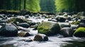 Crystal clear flowing mountain river stream, slippery moss covered rocks - generative AI Royalty Free Stock Photo