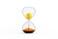 Crystal clear glass hourglass hour time falling pass gold sand dollar money coin currency liquid chrome. Finance, investment.