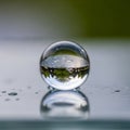 A crystal-clear glass sphere on a reflective surface shows an inverted image of a tree- Royalty Free Stock Photo