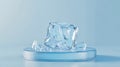Crystal clear ice cubes on a reflective surface with blue backdrop Royalty Free Stock Photo