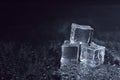 Crystal clear ice cubes with water drops on black. Space for text Royalty Free Stock Photo