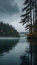 Crystal clear lake enveloped in fog surrounded by towering trees that reach up towards the sky Royalty Free Stock Photo