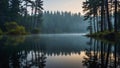 Crystal clear lake enveloped in fog surrounded by towering trees that reach up towards the sky Royalty Free Stock Photo