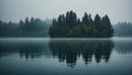 Crystal clear lake enveloped in fog surrounded by towering trees that reach up towards the sky Royalty Free Stock Photo