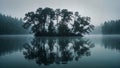 Crystal clear lake enveloped in fog surrounded by towering trees that reach up towards the sky Royalty Free Stock Photo