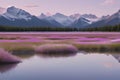 The lake reflects a pastel sky bathed in soft pinks and sapphires.