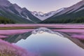 The lake reflects a pastel sky bathed in soft pinks and sapphires.