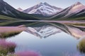 The lake reflects a pastel sky bathed in soft pinks and sapphires.