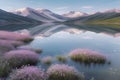 The lake reflects a pastel sky bathed in soft pinks and sapphires.