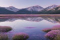 The lake reflects a pastel sky bathed in soft pinks and sapphires.