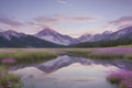 The lake reflects a pastel sky bathed in soft pinks and sapphires.