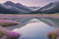 The lake reflects a pastel sky bathed in soft pinks and sapphires.