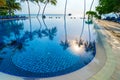 Private oceanfront pool with submerged loungers in a luxury reso