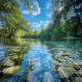 Crystal-clear river with smooth rocks, lush green trees, and a vibrant blue sky Royalty Free Stock Photo