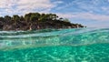 Crystal clear sea water in Sitonia, Halkidiki, Greece. Shot from border of air and water with dome. Half underwater slow Royalty Free Stock Photo