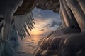 Crystal clear sharp icicles hanging down in frozen cave, lake Baikal