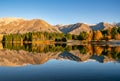 Symmetrical reflections of the mountains and forest on the surface of the water