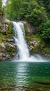 Crystal Clear Turquoise Pool Waterfall. Balanced Composition of a Serene Forest Waterfall. Realistic Waterfall in a Shaded Forest Royalty Free Stock Photo