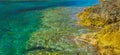 Crystal clear turquoise water near yellow rock shore