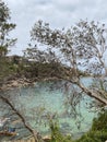 A harbour glimpsed through the trees with a house in the distance Sydney Australia Royalty Free Stock Photo