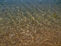 Crystal clear water close up in sandy beach, sunlight reflecting Royalty Free Stock Photo