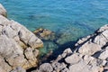 Crystal clear waters of Aegean Sea in Aquarium Bay with rocks at emerald water. Royalty Free Stock Photo