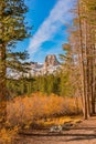 Crystal Crag in Mammoth Lakes, California shows above the fall color in the valley Royalty Free Stock Photo
