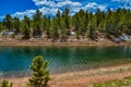 Crystal Creek reservoir near snow-capped mountains Pikes Peak Mountains in Colorado Spring, US